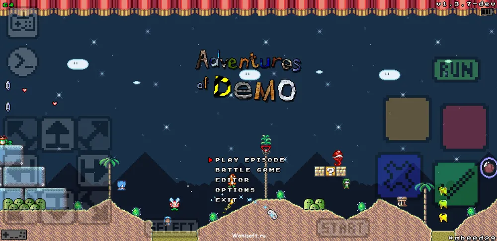 SMBX para PC: TheXTech, el motor reescrito en C++: Menú principal de TheXTech con las opciones de jugar episodio, batalla, editor y opciones, en una compilación táctil.