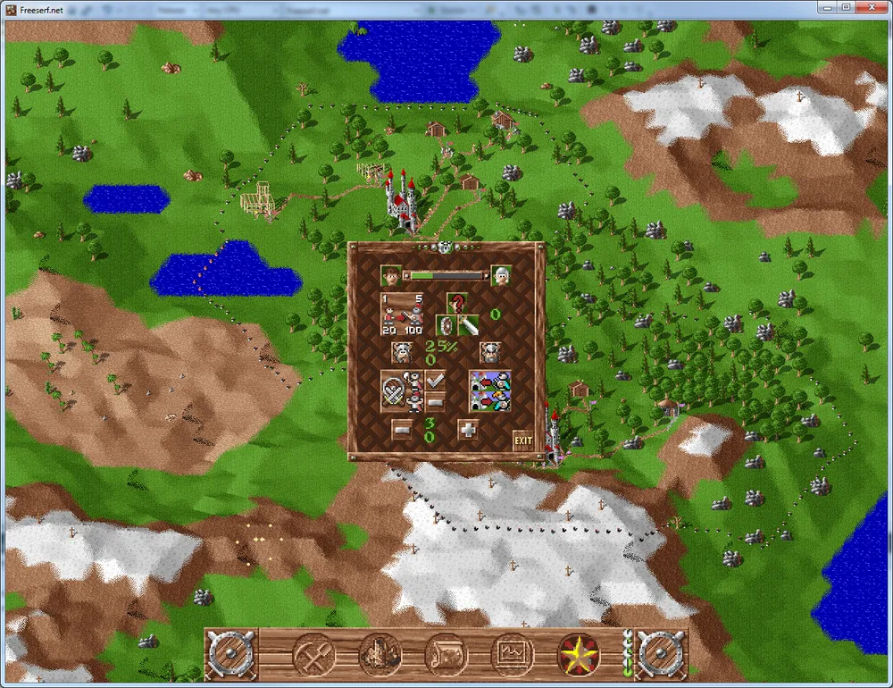 The Settlers para PC: Freeserf.net: Partida de Freeserf.net: mapa con bosques, lagos y montañas y el panel de construcción de un edificio.