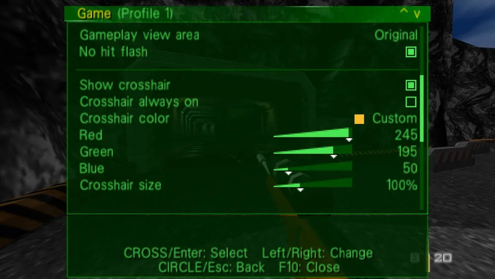 GoldenEye 007 on PC: GoldenEye 007 PC Port: The port’s options overlay (opens with F10): crosshair settings.