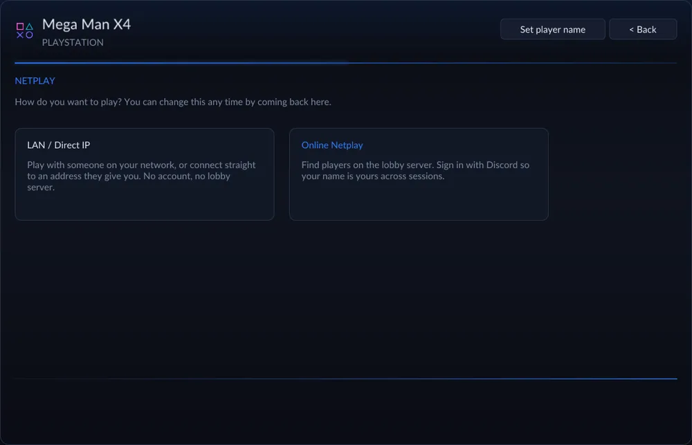 Mega Man X4 para PC: Mega Man X4 Recompiled: Pantalla de Netplay del lanzador: partida por LAN o IP directa, o en línea con el servidor del lobby (acceso con Discord).