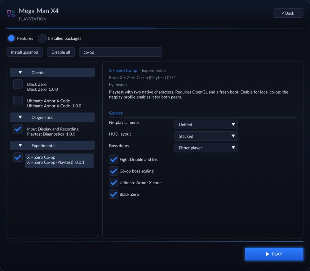 Mega Man X4 para PC: Mega Man X4 Recompiled: Mods del lanzador: activación de «X + Zero Co-op» y opciones del cooperativo (cámaras de netplay, diseño del HUD, puertas de jefe).