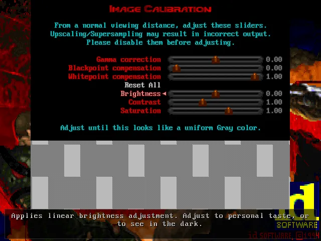 Doom on PC: UZDoom: UZDoom’s image calibration menu: gamma, blackpoint and whitepoint compensation, brightness, contrast and saturation.